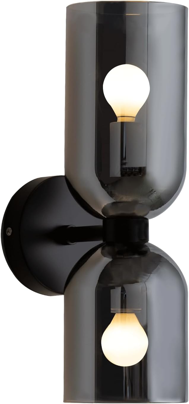 Modern Glass Wall Sconces- Double Head Wall Lighting with Long Short Glass Shades- Bathroom Vanity Light Mid-Century Up Down Hardwired Wall Lamp Indoor for Bedroom Hallway Living (Black-Gray)