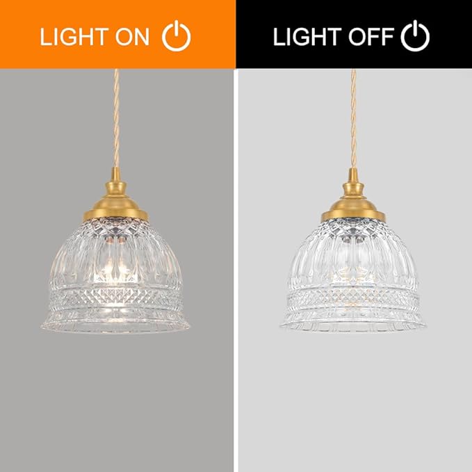 Vintage Pendant Light with Clear Glass, Antique Brushed Gold Pendant Lights Kitchen Island, 7.3''Brass Hanging Light Pendants for Bathroom Bedroom Hallway,Height Adjustable,Adapt To Different Ceiling