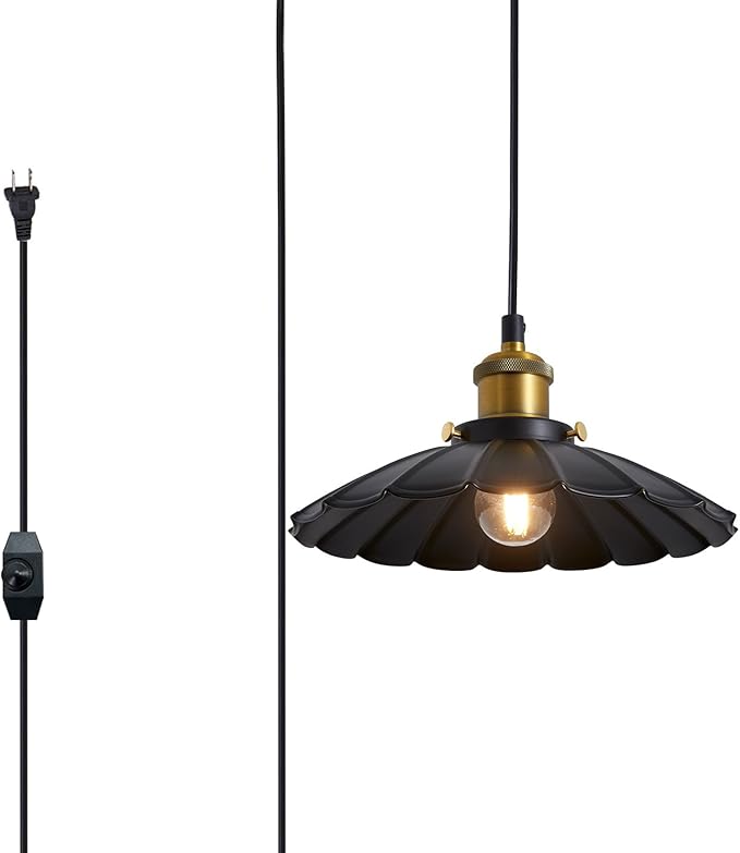 Plug in Hanging Light, Vintage Black 9.8 Inch Lampshade 14Ft Plug in Pendant Light for Dining Room and Living Room, Kitchen Island Retro On/Off Switch Hanging Lamp Fixtures