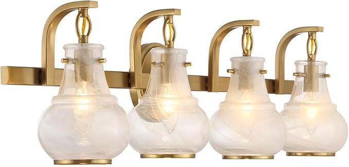 Savoy House 8-4417-4-322 Adams Modern Vintage Traditional White Strie Glass Bathroom Vanity Wall Light, 4-Light 240 Total Watts, 9" H x 32" W, Warm Brass
