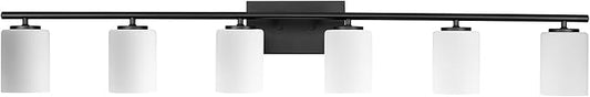 Progress Lighting Replay Collection 48 in. 6-Light Textured Black Etched White Glass Modern Bath Vanity Light