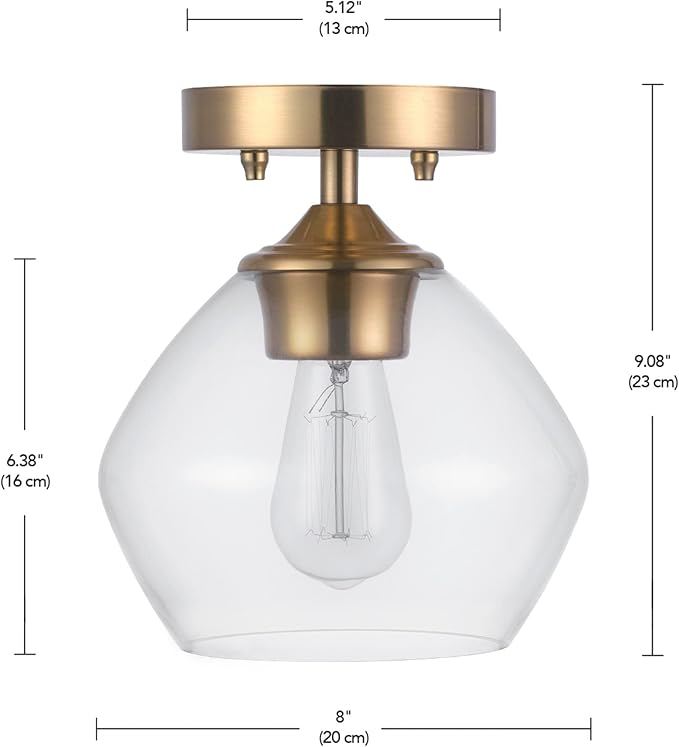 Globe Electric Harrow 1-Light Semi-Flush Mount Ceiling Lighting, Matte Brass, Clear Glass Shade