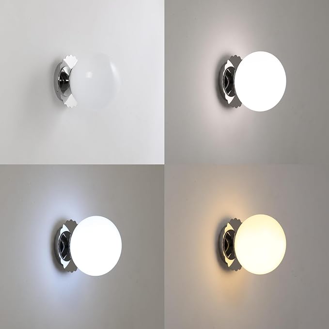 Modern Globe Glass Wall Sconces- Minimalist Home Shop Decor Wall Light 7" Glass Shade Hardwired- 1 Light Mid Century Wall Lamps Indoor Bedroom Bathroom Hallway Vanity Sconce Light (Chrome-White)