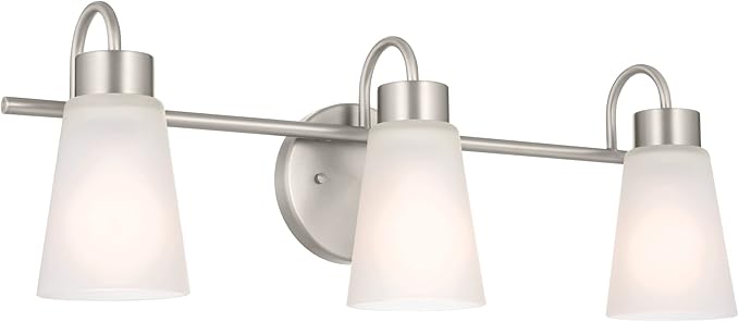 Kichler Erma 3-Light Bathroom Vanity Light Fixture with Satin Etched Glass Shades, Updated Traditional Wall Lighting in Brushed Nickel for Mirror, (23" x 8.5" x 6"), 55126NI