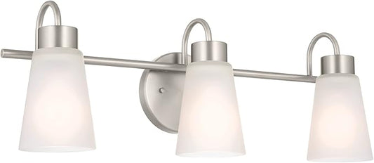 Kichler Erma 3-Light Bathroom Vanity Light Fixture with Satin Etched Glass Shades, Updated Traditional Wall Lighting in Brushed Nickel for Mirror, (23" x 8.5" x 6"), 55126NI