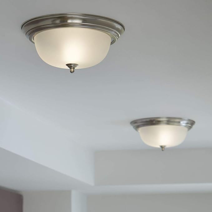 Progress Lighting 2-Light Ceiling Light, Flush Mount Ceiling Light Fixture for Interior Kitchen Lights, Hallway, Bedroom, Living Room, 13-1/4”, 5-13/16”, Brushed Nickel, Etched Glass Shade