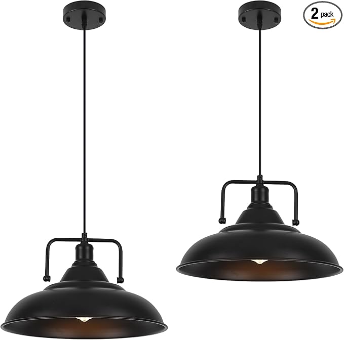 15.7" Black Pendant Lights Kitchen Island 2 Pack, Large Industrial Pendant Light Fixtures Kitchen Island Lighting for Dining Room Barn