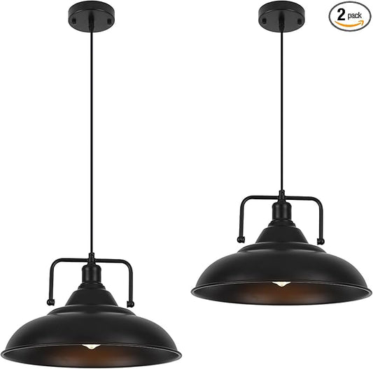 15.7" Black Pendant Lights Kitchen Island 2 Pack, Large Industrial Pendant Light Fixtures Kitchen Island Lighting for Dining Room Barn