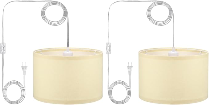 PATIKIL Plug in Pendant Light, 2 Pack 15Ft Rope Cord Hanging Lamp Fixture with ON/Off Switch, Linen Fabric Shade E26/E27 Bulb Socket for Bedroom Kitchen Living Room, Beige Yellow