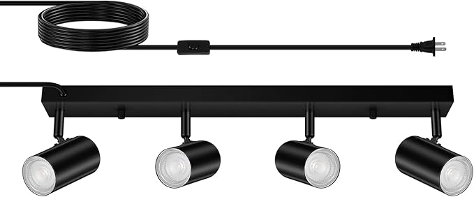 AUQUEE 4 Light Track Lighting Kit,Black 4 Way LED Plug in Ceiling Spotlight,Industrial GU10 Wall Light for Kitchen Cabinet Gallery Bar Hallway Living Room,Rocker Switch,15 Foot Cord(No Bulb)