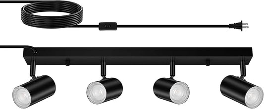 AUQUEE 4 Light Track Lighting Kit,Black 4 Way LED Plug in Ceiling Spotlight,Industrial GU10 Wall Light for Kitchen Cabinet Gallery Bar Hallway Living Room,Rocker Switch,15 Foot Cord(No Bulb)