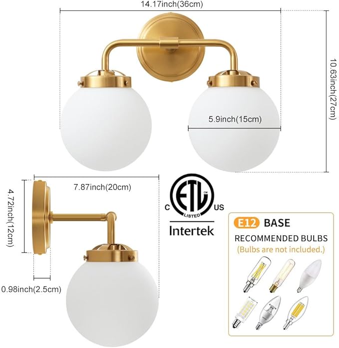 Bathroom Vanity Light Fixtures Over Mirror, Modern Brass Gold 2 Lights Wall Sconce Lighting with Milky Glass Ball Shades, Mid Century Farmhouse Bathroom Lighting