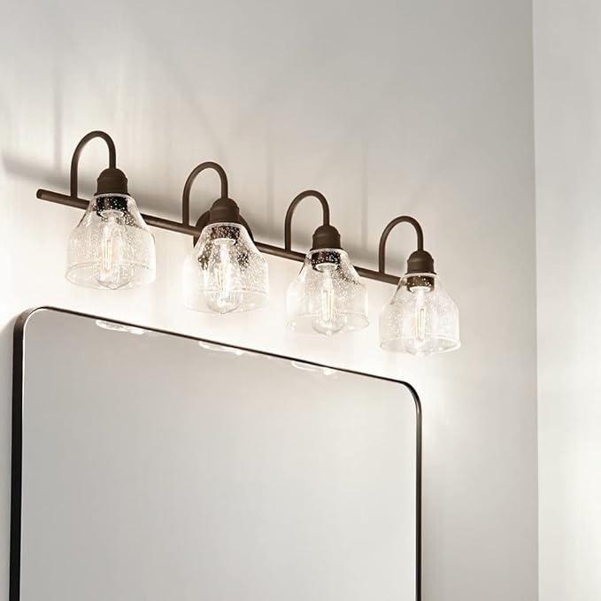 Kichler Avery 4-Light Bathroom Vanity Light Fixture with Clear Seeded Glass, Modern Farmhouse Industrial Style in Natural Brass, 300 Total Watts (33.5" x 9.5" x 8.25"), 45974NBR