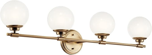 Kichler Benno 4-Light Bathroom Vanity Light Fixture with Opal Glass in Champagne Bronze, Modern Wall Mount Over Mirror for Bathroom or Powder Room (8.75" x 34"), 55173CPZ