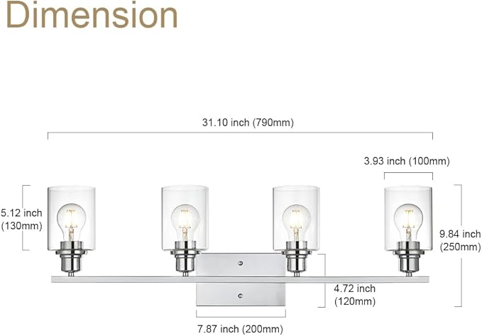 VINLUZ Vanity Light Fixtures,4-Light Indoor Modern Chrome Finish Bathroom Lighting Over Mirror with Clear Glass Shade Metal Base Wall Mounted Lamp for Vanity Table, Living Room