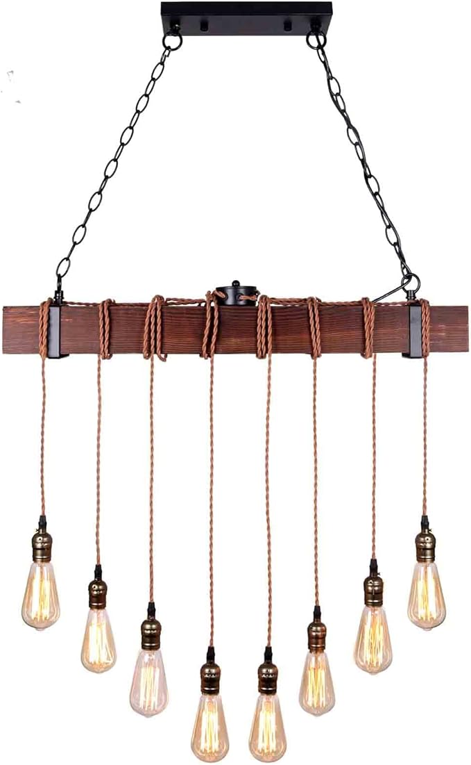 Farmhouse Pendant Lights Kitchen Island, Kitchen Light Fixtures, Rustic Dining Room Light Fixture with 8 E26 Bulb Sockets, Black Metal and Wood Beam Ceiling Pendant Light Fixtures, Hanging Lights