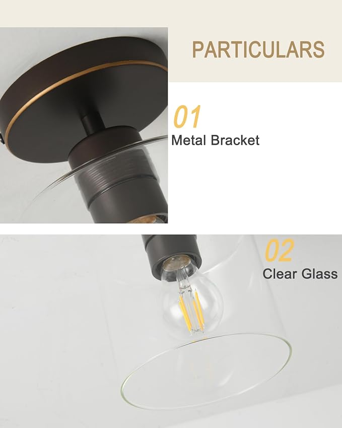 Brown and Gold Semi Flush Mount Ceiling Light,Modern Farmhouse Ceiling Light Fixture for Closet Entryway,Hallway Light Fixture 5.9in Clear Glass Shade 1 Pack