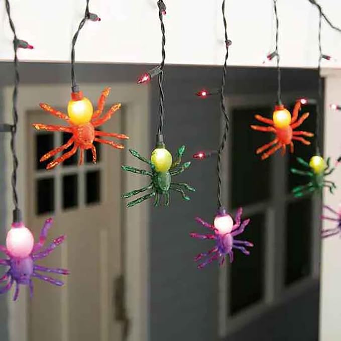 Spider String Lights, 7FT Halloween Spider Decorations Light with 10pc Colorful Spiders, 25 Mini Purple Lights, Halloween Theme Lights for House Decoration, Window Porch Outdoor Indoor Party Decor