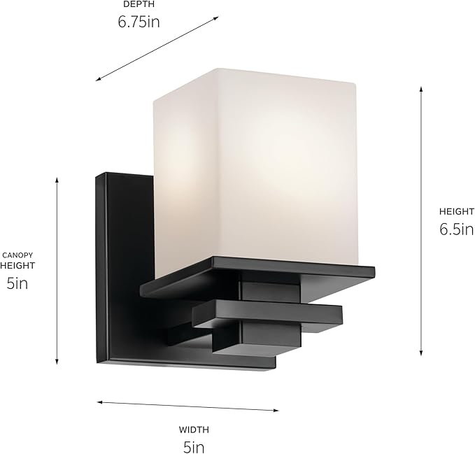 Kichler Tully 6.5" 1-Light Wall Sconce with Satin Etched Cased Opal Glass in Black for Vanity, Living Room, Dining Room, Bedroom, Laundry Room, Mudroom, Hallway, Stairwell (6.5 x 5 x 7"), 45149BK