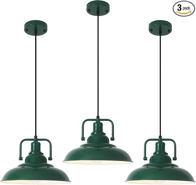 Farmhouse Pendant Light, 12.5inch, 3 Packs Green Kitchen Pendant Lights, Island Pendant Lights, Pendant Lights Kitchen Island, Pendant Light for Bedroom, Office, Kichen Sink, Library