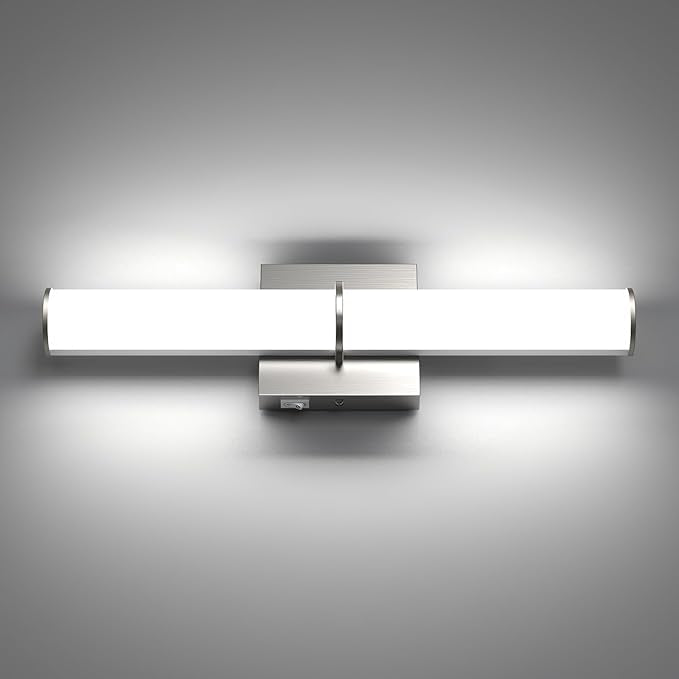 OOWOLF 17.3Inch Modern Vanity Light Fixture with Switch, 12W 5000K Led Bathroom Light Fixture Over Mirror, Hardwired, Brushed Nickel 1200LM Vanity Light Bar for Mirror Bedroom Hallway Living Room