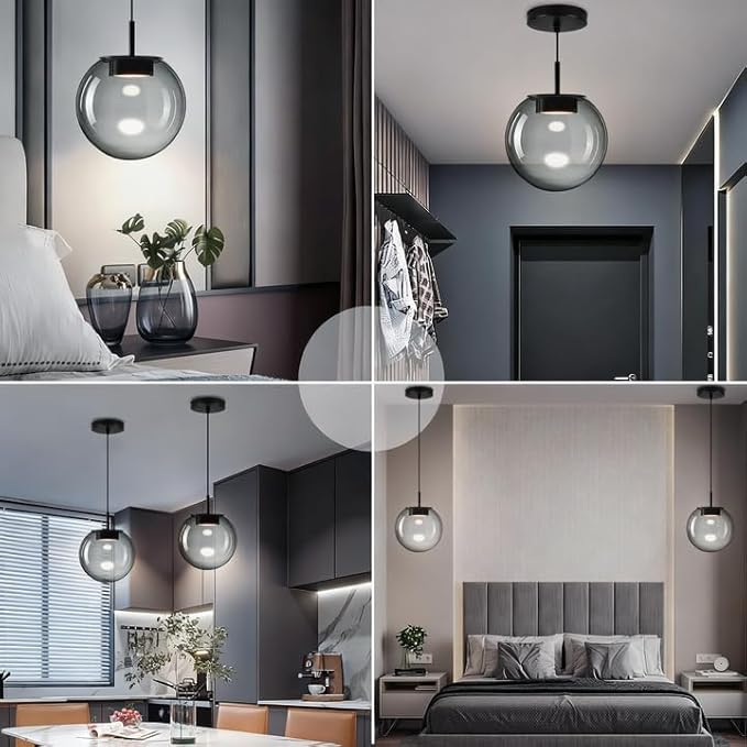 Advanced 3CCT Smoke Glass Pendant Light, Built-in LED Panel for Ultra-Even, Glare-Free Lighting, Modern Design and Stylist Fixture for Kitchen Island, Dining Table and Bedside(7.9in, 2-Pack)