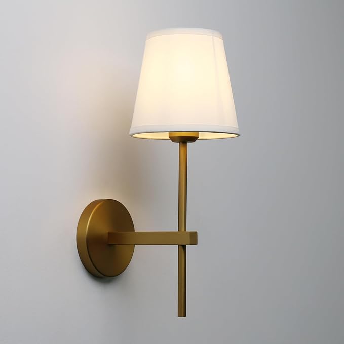 Vintage Wall Sconce White Fabric Shade, E26 Hardwired Bathroom Vanity Light, Indoor 1-Light Wall Mounted Lamp for Living Room Bedside Nightstand Light