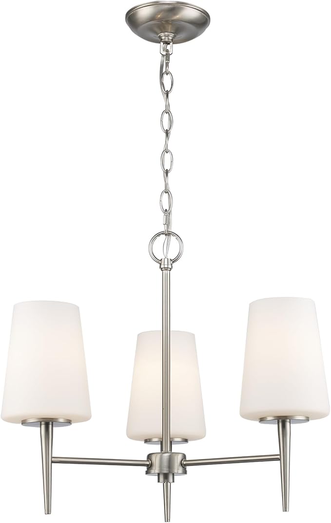 Montgomery 3-Light Chandelier | Brushed Nickel Finish with White Frosted Glass Shade | Adjustable Hanging Height | Uses E26 Medium Base Bulb (Nickel, Chandelier)