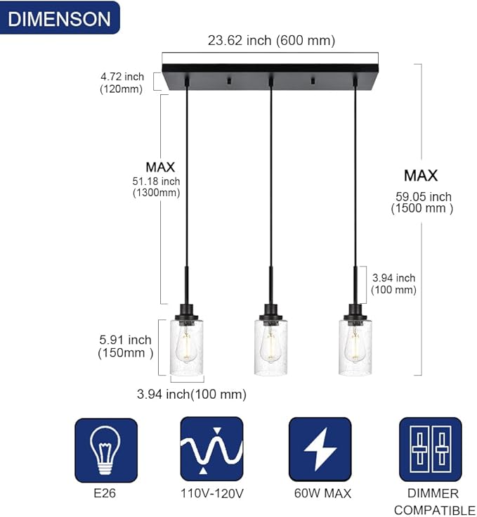 TODOLUZ Pendant Light Fixtures, 3-Lights Adjustable Modern Hanging Light with Seeded Glass, Kitchen Island Lighting for Over Table Dining Room