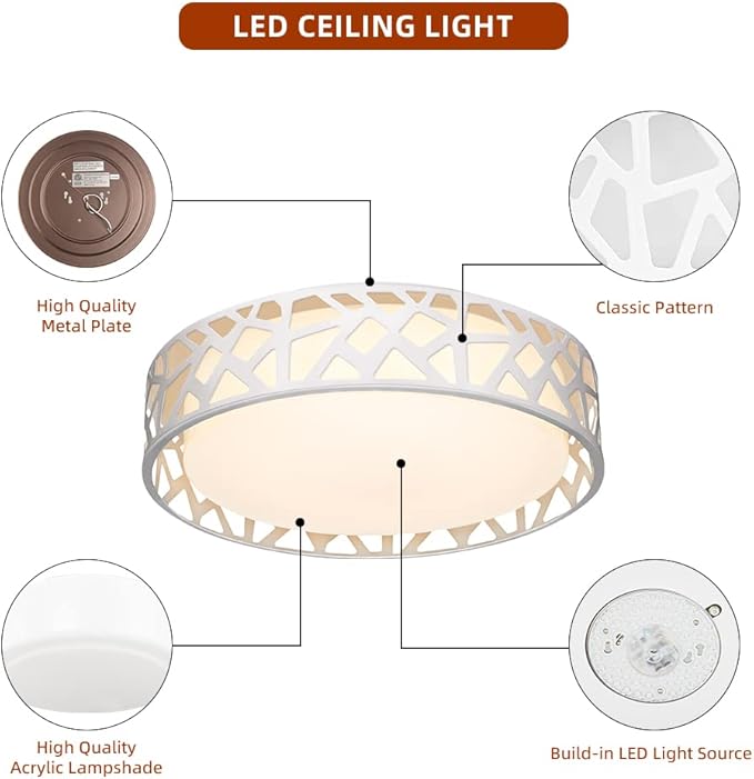 Flush Mount Ceiling Light Fixture,24W 1600 Lumens LED Ceiling Lights, Dimmable 3000K Warm White Light Fixtures Ceiling Mount for Bedroom, Kitchen, Hallway, Stairways