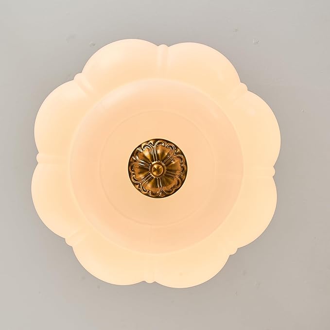 15-Inch Vintage Semi Flush Mount Ceiling Light, Milk Glass Chandelier with Antique Brass Finish, Mid Century Modern Schoolhouse Pendant Light Fixtures for Kitchen, Hallway, Dining Room