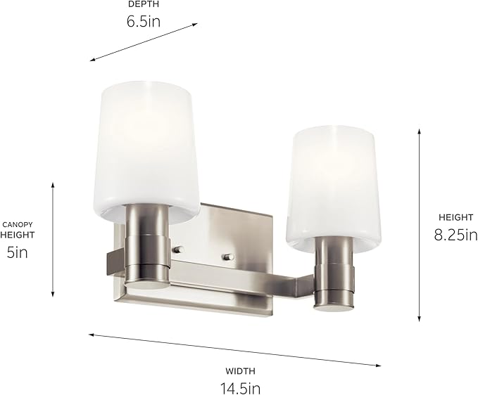 Kichler Adani 2-Light Vanity Light Fixture, Modern Bathroom Lighting with Opal Glass in Brushed Nickel, Wall Mount Light for Bathroom or Powder Room (8.25 x 14.5 in), 55175NI