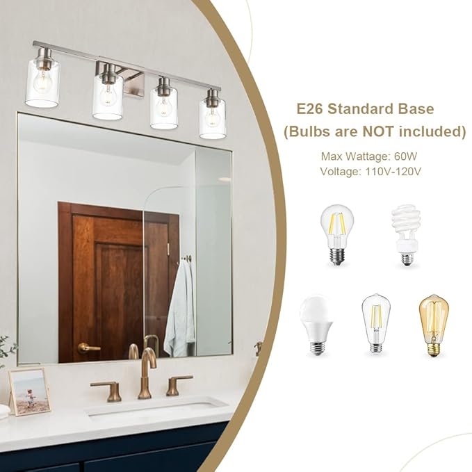 VINLUZ Industrial Brushed Nickel Wall Sconce with Clear Glass Shade and Metal Base,4 Light Bathroom Vanity Lighting Fixture Over Mirror for Dressing Table