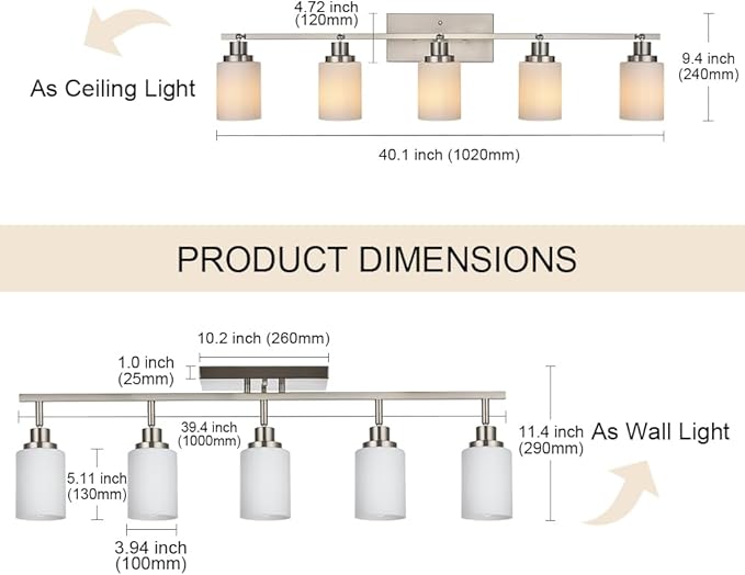 TODOLUZ 5-Lights Complete Track Lighting Kits in Brushed Nickel, Modern Spotlight Ceiling Lighting with Opal White Glass, E26 Bulb Base