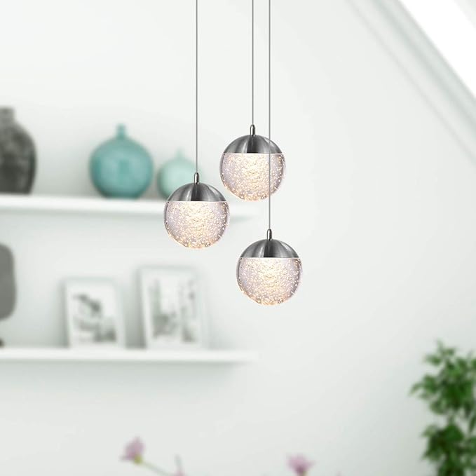 contec development Galaxy 3 Mini Pendant Crystall Ball Lighting Nickel - LED Hanging Light Fixture: Kitchen Island, Bar, Foyer - Cluster Pendants - Dimmable, Adjustable Wire, Lamp Bulb Included