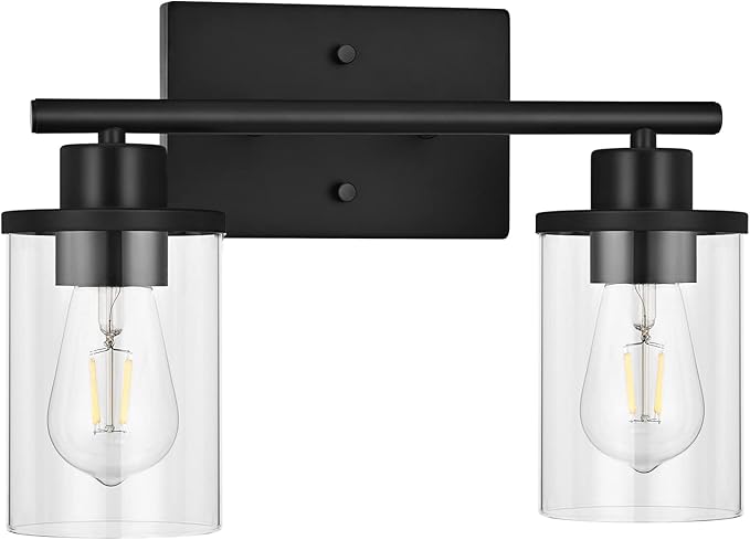 EDISHINE Bathroom Light Fixtures, 2-Light Bathroom Vanity Light with Clear Glass Shades, Matte Black Vanity Lights, Vintage Wall Sconces for Bedroom Living Room Hallway, E26 Base (Bulbs Not Included)