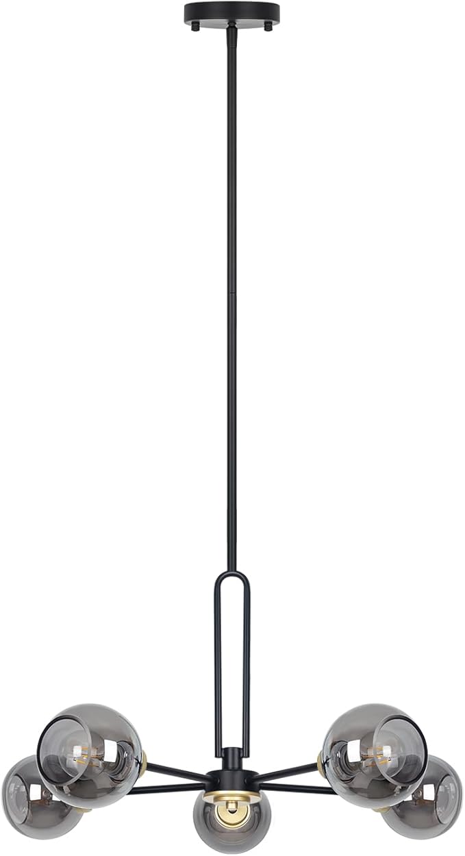 5-Light Globe Chandelier Pendant Lighting - Modern Large Semi-Flush Ceiling Light Fixture with Smoked Glass, Black Dining Room Light Fixture, Sputnik Light Fixture for Kitchen Living Room Bedroom