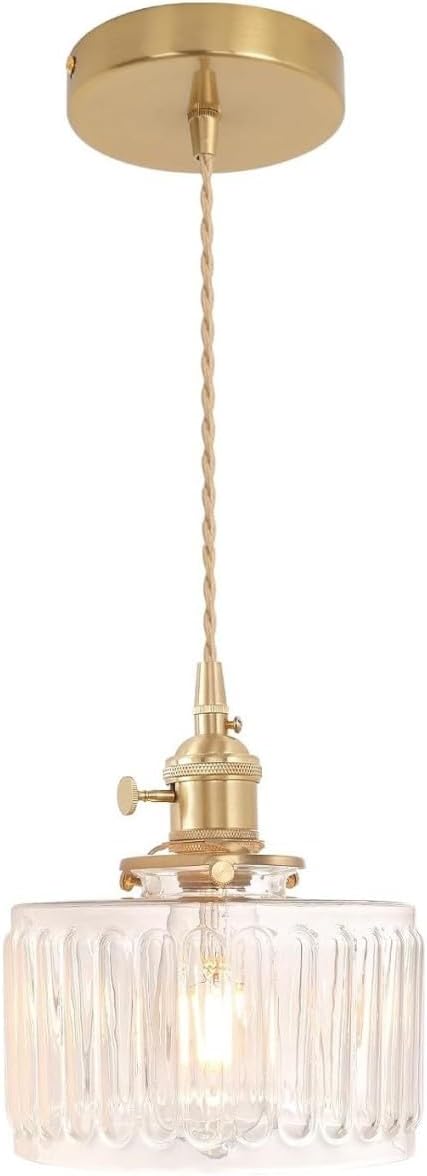 Glass Pendant Light, Vintage Brass Pendant Lighting Fixture Farmhouse Rustic Industrial Gold Hanging Lamp for Kitchen Island Dining Room Bedroom