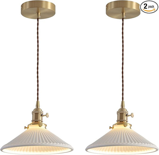 Modern Brushed Brass Pendant Lights Kitchen Island 2 Pack Mid Cenrury Milk Glass Hanging Light Fixture Vintage White and Gold Ceramic Pendant Light for Dining Room Bedroom Entryway MPL16D-2