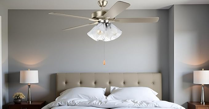 Aspen Creative 22016-3, Four-Light Ceiling Fan Light Kit with Pull Chain, Brushed Nickel Finish with Frosted and Clear Glass Shades, 14" Diameter x 7-3/8" Height
