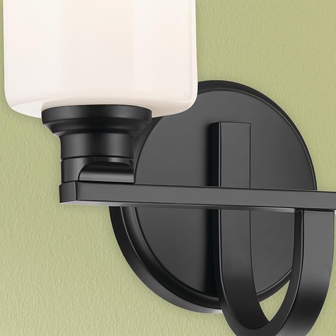 Kichler Gioe 2-Light Bathroom Vanity Light Fixture with Opal Glass, 14.25 in Modern Black Wall Sconce for Mirror, Damp Rated Lighting (14.25 in W x 10.5 in H), 55225BK