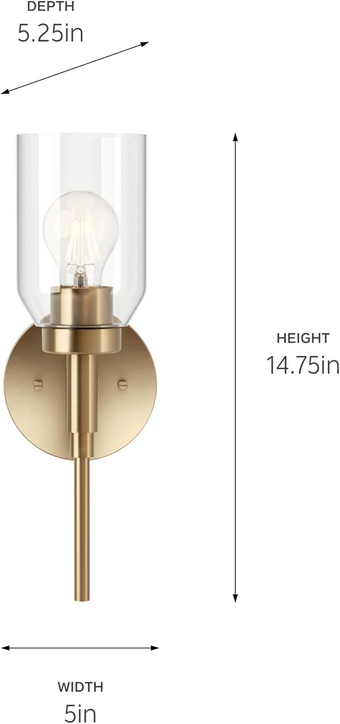 Kichler Madden 1-Light Bathroom Wall Sconce Light Fixture with Clear Glass in Champagne Bronze, Modern Vanity Lighting for Bathroom or Hallway (14.75" x 5"), 55183CPZ