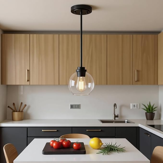 Globe Pendant Light – 7 Inch Clear Glass Modern Hanging Fixture, Black Finish Adjustable Height & Sloped Ceiling Compatible for Kitchen Island Dining Room Bedroom Hallway Farmhouse, 1 Pack