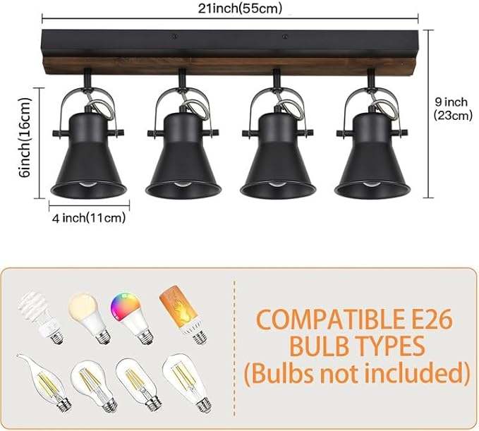 KEESFU 4-Light Track Lighting Kit,Black Semi Flush Mount Ceiling Light with 4 Rotatable Light Heads,Modern Farmhouse Lighting for Livingroom,Bedroom,Hallway,Art Wall,Bathroom,Kitchen.(4-Light)