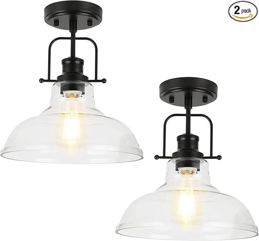 WILON 2 Pack 11'' Semi Flush Mount Ceiling Light Fixture with Clear Glass Shade Black Ceiling Light Modern Farmhouse Lighting Fixture Ceiling Lamp for Kitchen Hallway Dining Room Porch Foyer