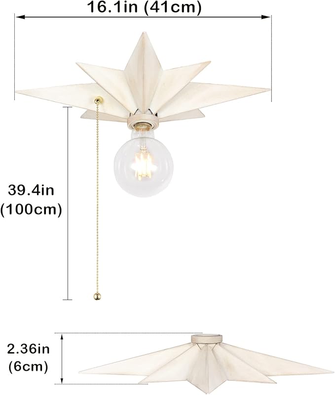 16 inch Flush Mount Ceiling Light with Pull Chain On/Off Switch, White Star Ceiling Light Fixtures, Farmhouse Modern Lighting for Hallway, Entryway, Porch, Study, Bedroom, Stair, Kitchen, Bathroom