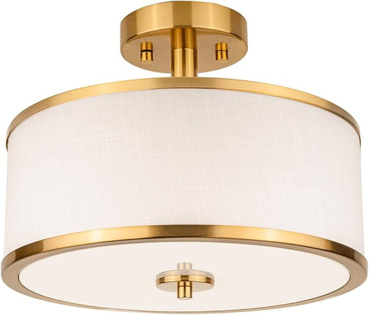 3-Light Semi Flush Mount Ceiling Light Fixture, 12.6" Gold Drum Light with White Fabric Shade, Modern Close to Ceiling Light for Living Room Bedroom Dining Room Kitchen Hallway Entry Foyer