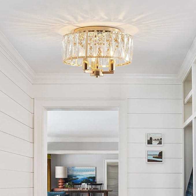 AGV LIGHTING CL002G Crystal Semi Flush Mount Ceiling Light Fixture, E12 Base 3-Lights, D13 x H15, Shine Gold Finish