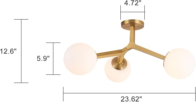 Lingkai Brass Gold Semi Flush Mount Ceiling Light Fixture, Mid Century Modern Light Fixtures Ceiling, 3-Light 23.6" Brass Gold Sputnik Ceiling Light for Living Room, Bedroom, Bathroom, Over The Sink