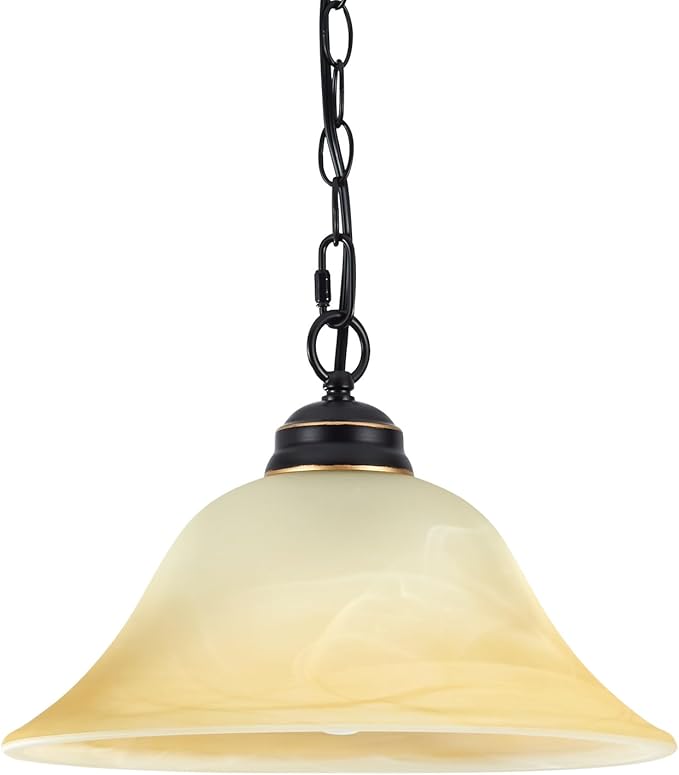 Plug in Pendant Light Fixture with Retro Alabaster Glass Shade, Black & Gold Hanging Lamp with Dimmable Switch,16.4Ft Cord & 14.7Ft Chain for Kitchen Sink Corner Nook